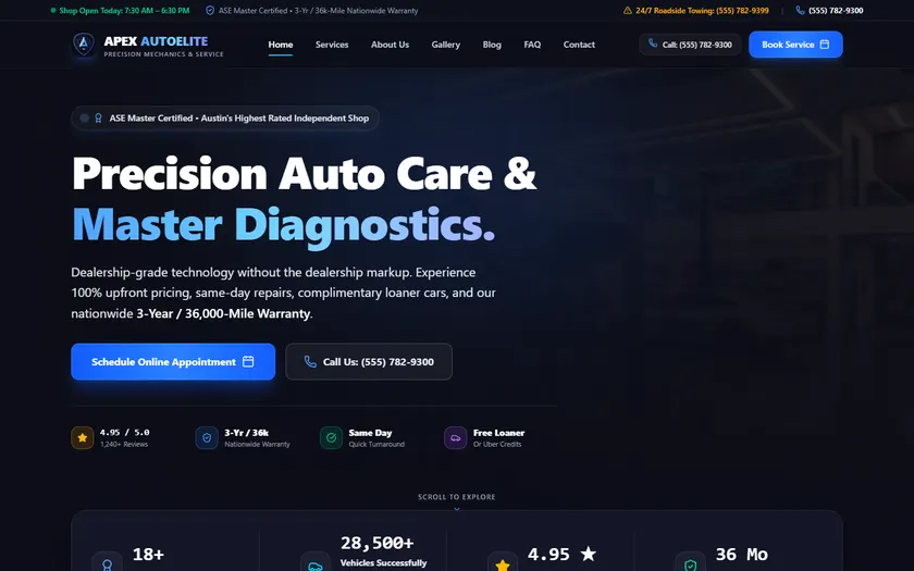 Auto Repair Shop Website demo — homepage of the fictional Apex AutoElite brand