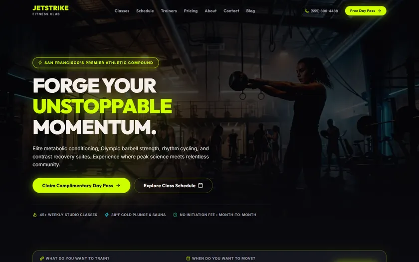 Fitness Club Website demo — homepage of the fictional JETSTRIKE Fitness brand