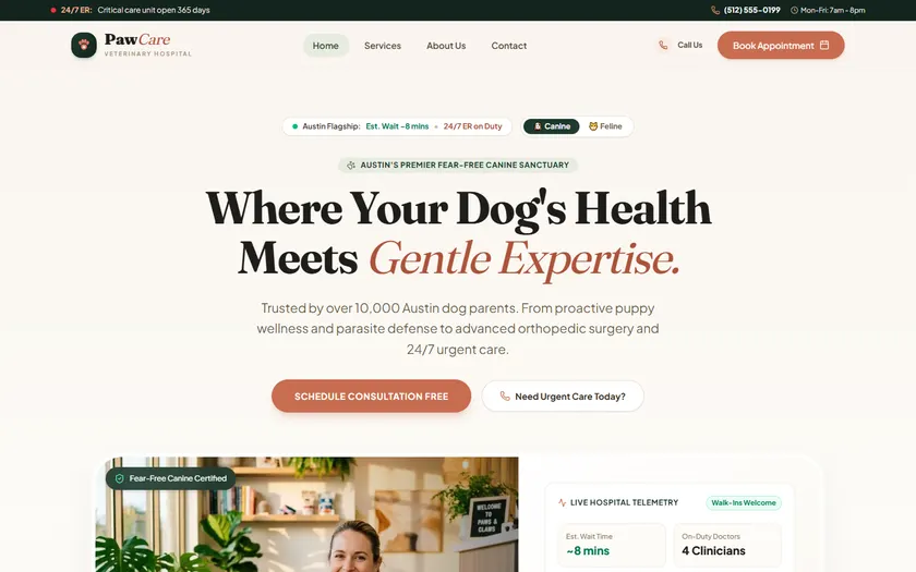 Veterinary Clinic Website demo — homepage of the fictional PawCare Veterinary Hospital brand
